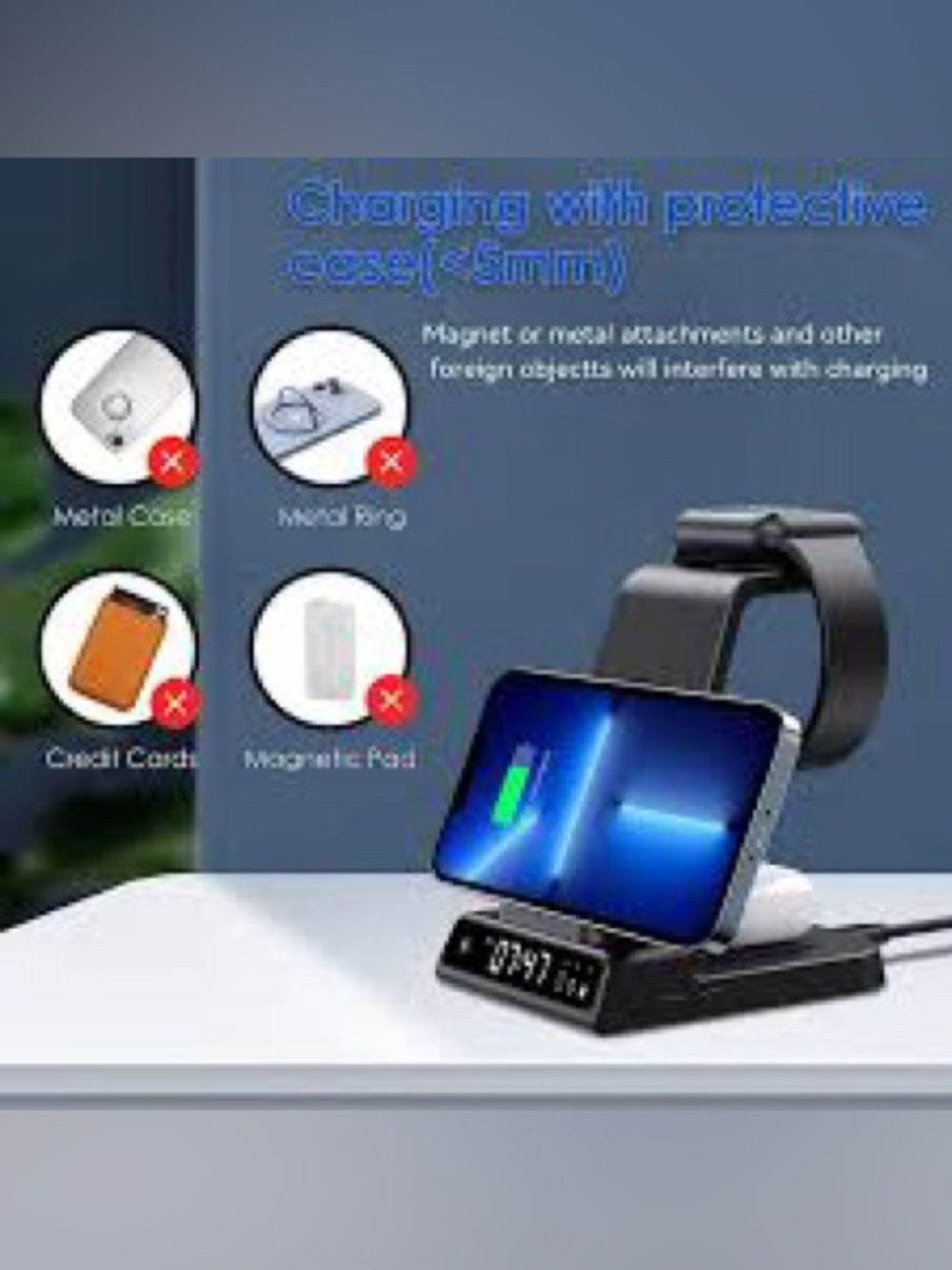 3 in 1 Wireless Fast Charging Station for Multiple Devices w/Digital Clock - New - Picture 9 of 9